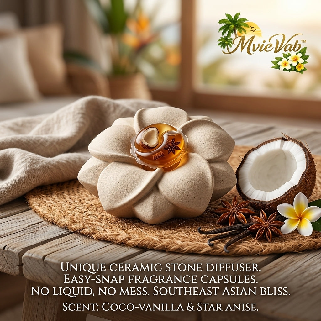 MvieVab™ Waterless Ceramic Stone Diffuser – Easy-Snap Solid Fragrance Capsule Diffuser for Home & Office, No-Mess Aromatherapy Flower Decor, Exotic Coco-Vanilla & Star Anise Scent