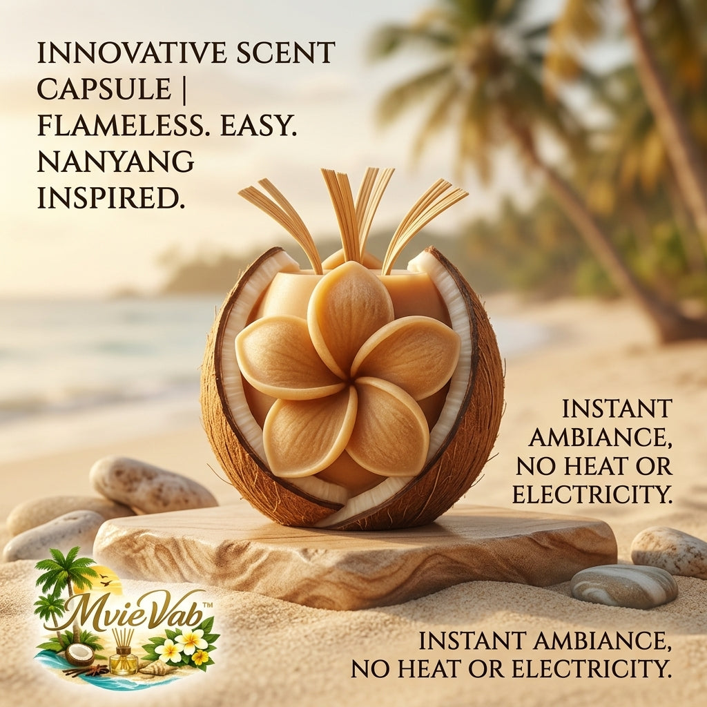 MvieVab™ Flameless Coconut Scent Capsule Diffuser | Nanyang-Inspired Tropical Home Fragrance | Heatless & Electricity-Free Aromatherapy Reed Diffuser for Home Decor & Relaxation