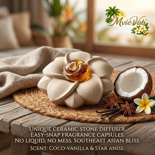 MvieVab™ Waterless Ceramic Stone Diffuser – Easy-Snap Solid Fragrance Capsule Diffuser for Home & Office, No-Mess Aromatherapy Flower Decor, Exotic Coco-Vanilla & Star Anise Scent