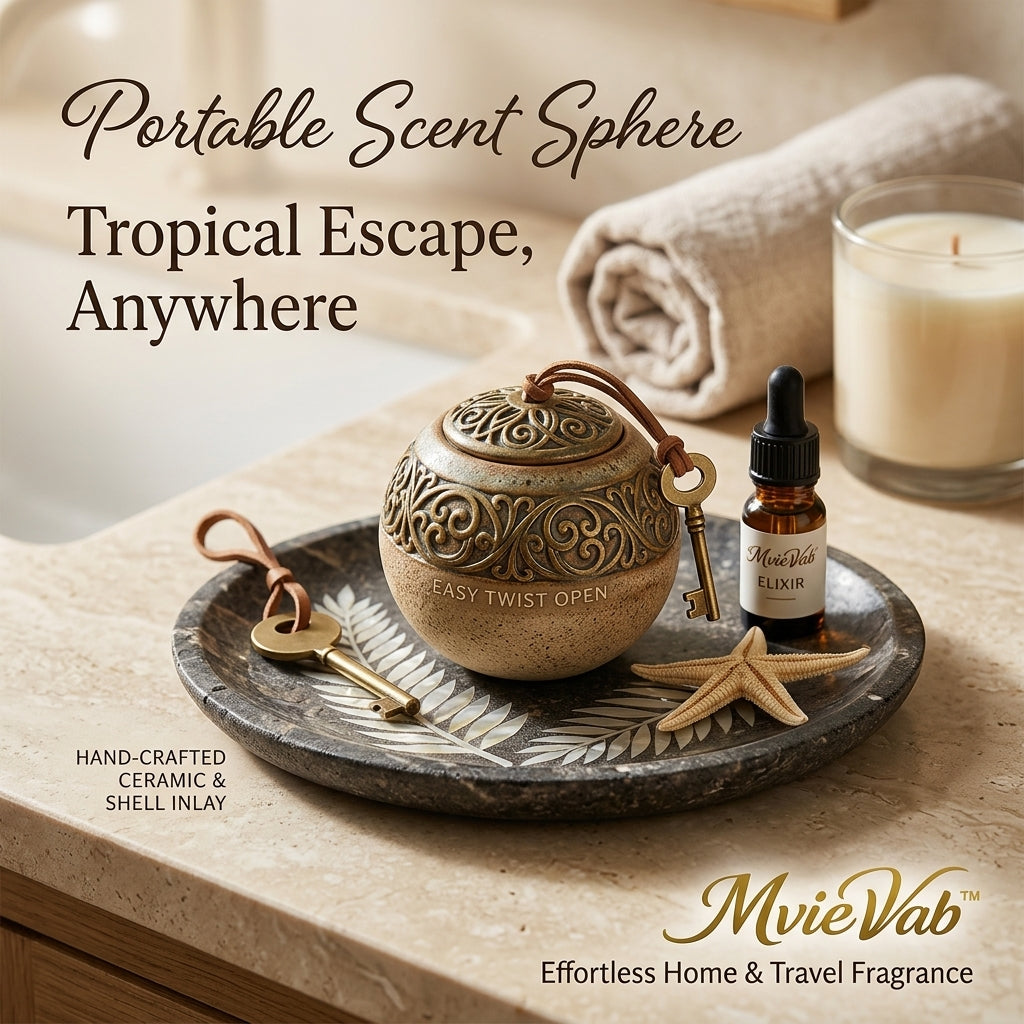 MvieVab™ Portable Scent Sphere Aromatherapy Gift Set - Hand-Crafted Ceramic Passive Diffuser with Mother-of-Pearl Inlay Tray & Essential Oil Elixir - Luxury Home, Spa & Travel Fragrance Decor