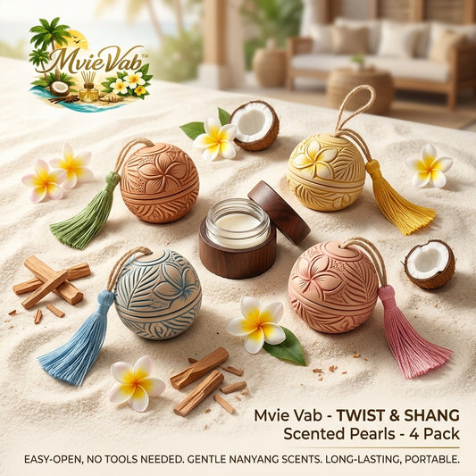 MvieVab™ Twist & Shang Scented Pearls (4-Pack) - Portable Solid Perfume Balm & Hanging Air Freshener for Wardrobe, Car, and Home | Long-Lasting Tropical Nanyang Scents | Decorative Carved Spheres with Tassels